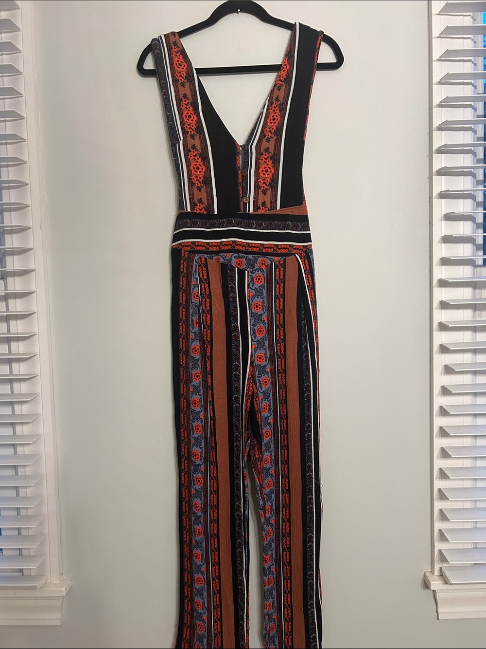Free People Black, Rust & Blue Striped V-Neck Romper Jumpsuit